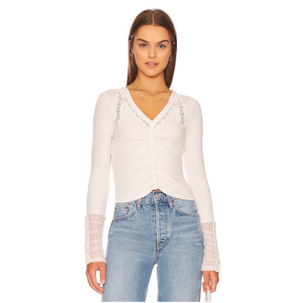 Free People Wear Me Out‎ Thermal Mesh Long Sleeve Ruched Top in White Sz M